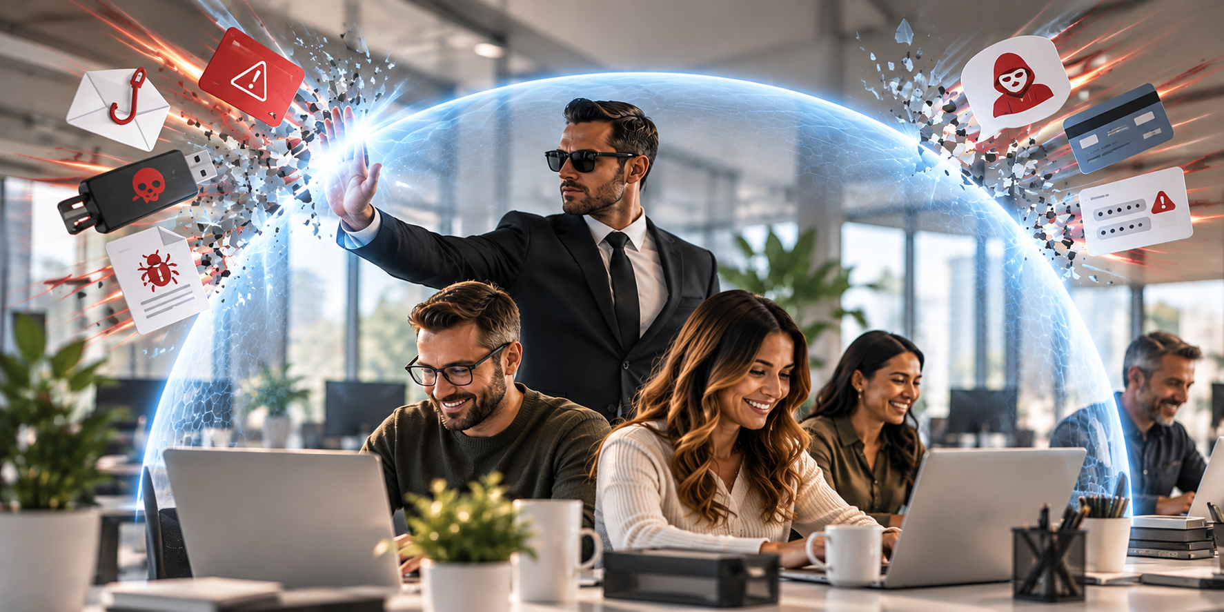 Cybersecurity protecting an office team from email and phishing threats